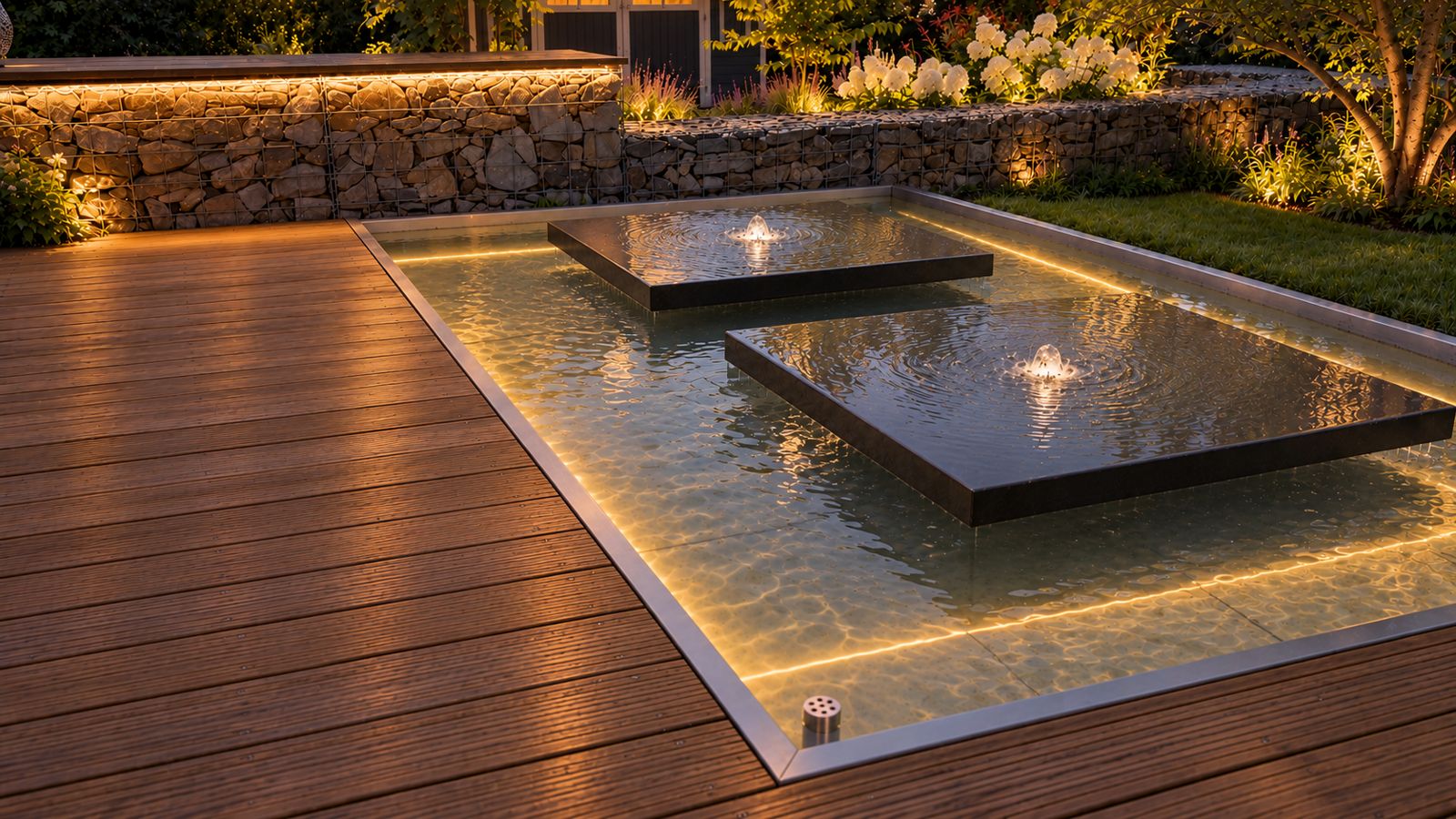 Wasserbecken mit schwebenden Platten am Abend, beleuchteter Beckenrand und Holzterrasse
